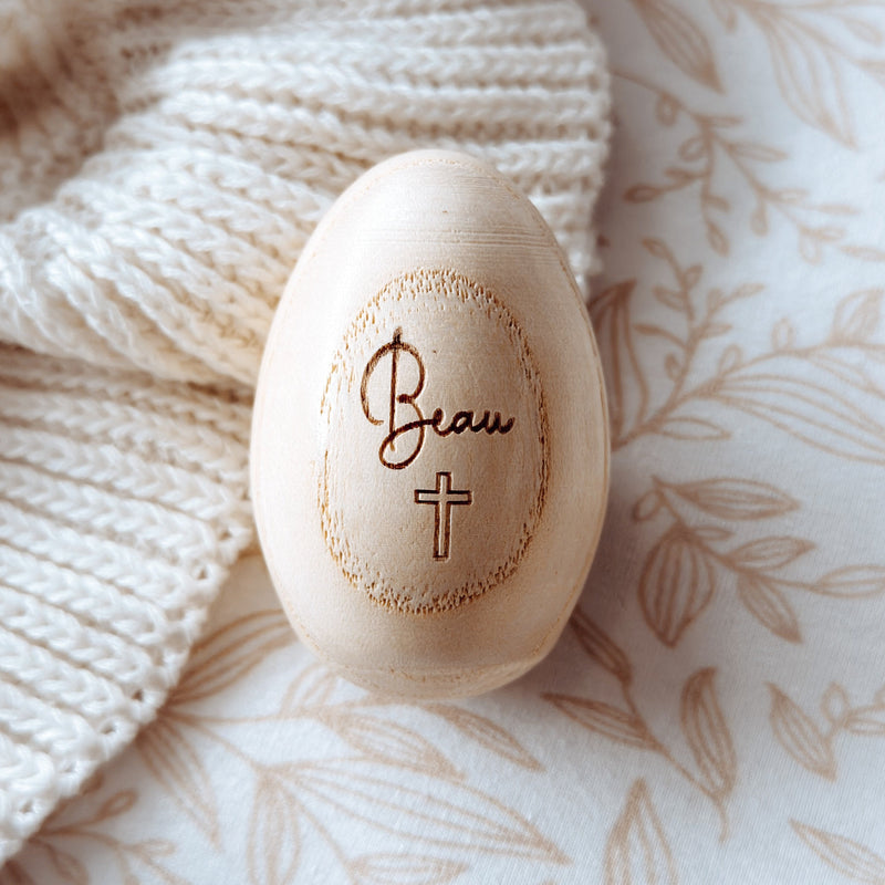 Personalised Wooden Egg Shaker | Name & Cross