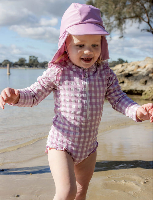 Fig Gingham Frilly Long Sleeve Swimsuit