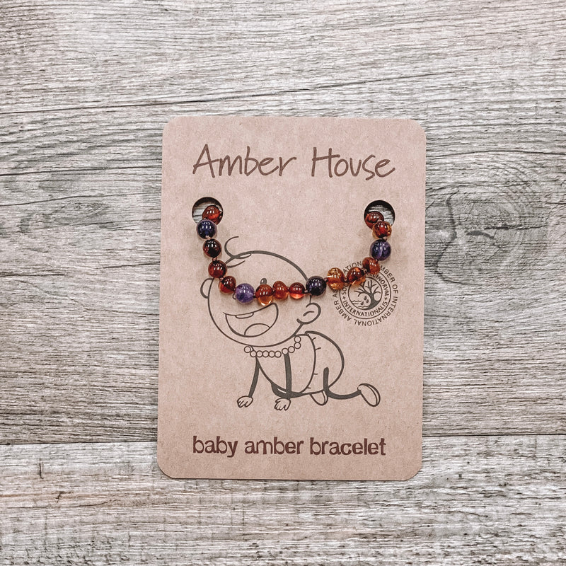 Cognac Amber & Amethyst Teething Bracelet/Anklet